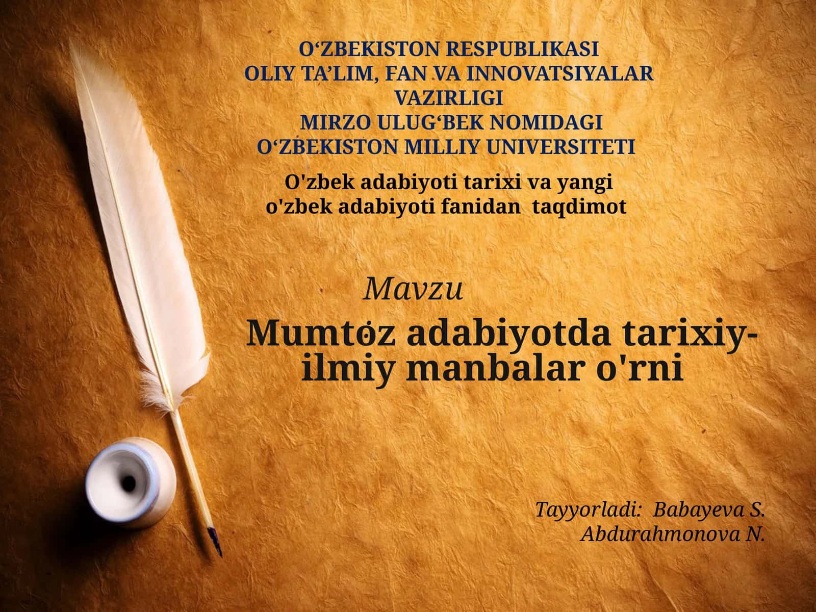 O'zbek adabiyoti tarixi fanidan mustaqil ish uchun slayd