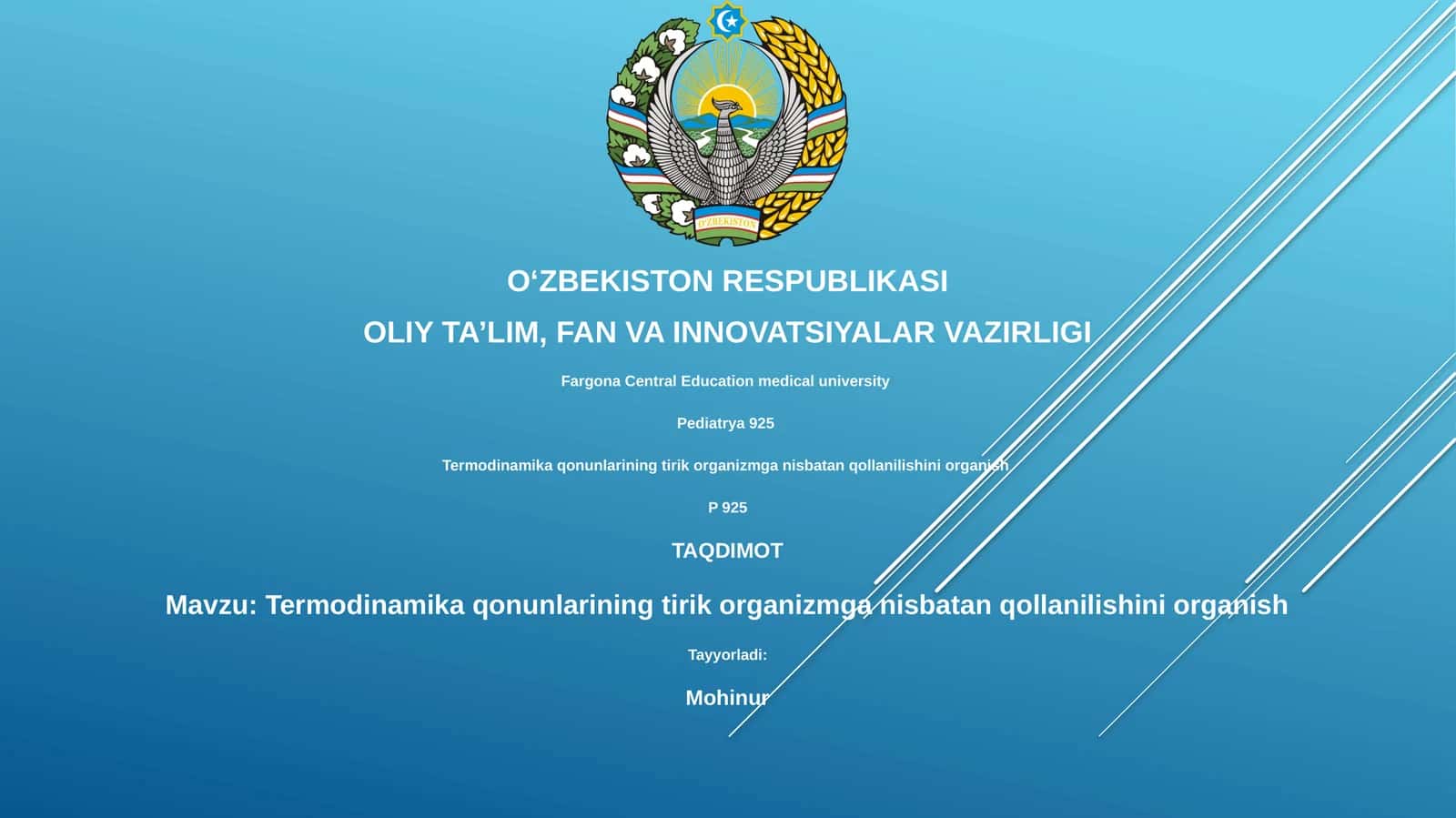 Termodinamika qonunlarining tirik organizmga nisbatan qollanilishini organish