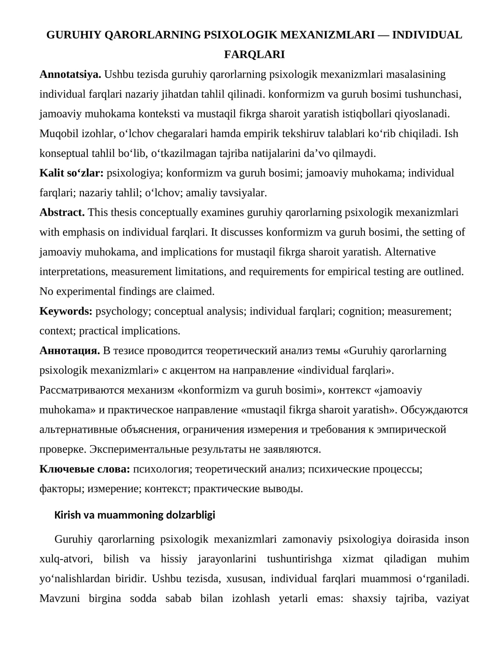 GURUHIY QARORLARNING PSIXOLOGIK MEXANIZMLARI — INDIVIDUAL FARQLARI