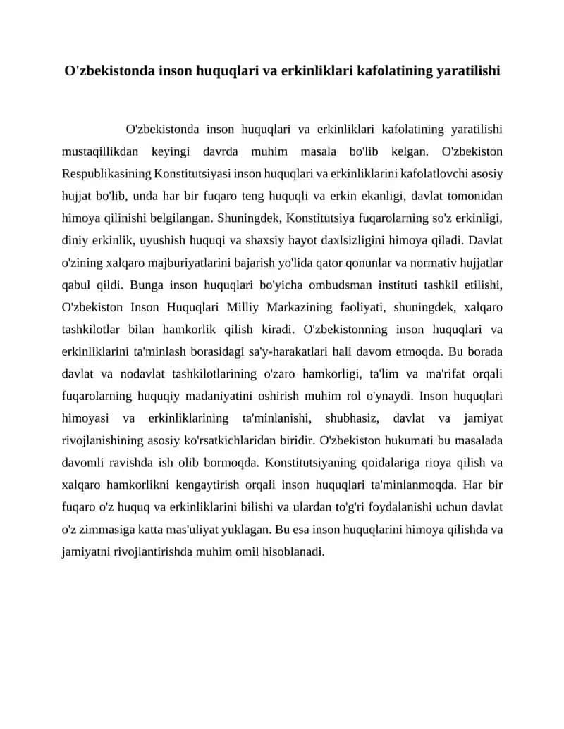 O'zbekistonda inson huquqlari va erkinliklari kafolatining yaratilishi