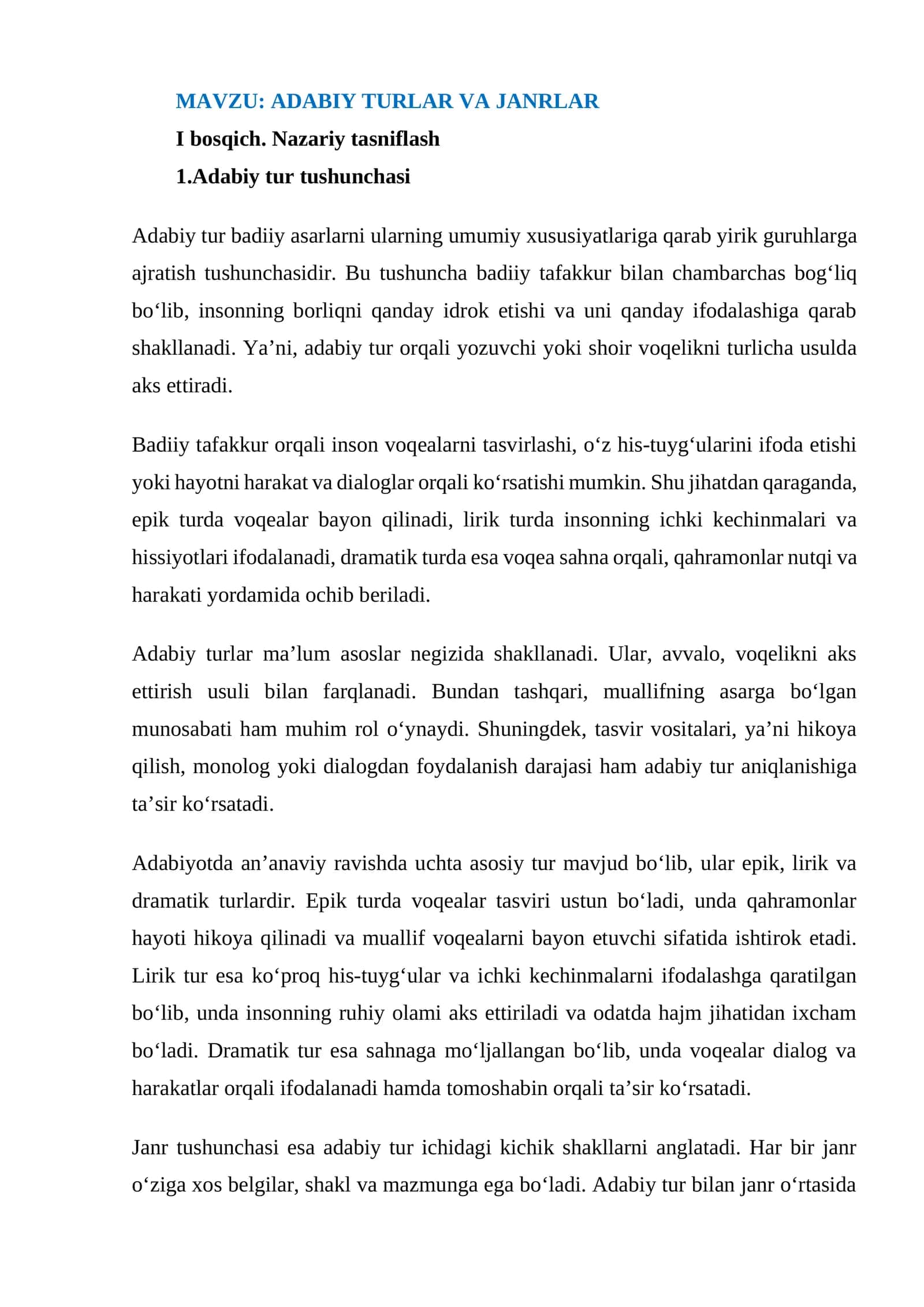 ADABIY TURLAR VA JANRLAR