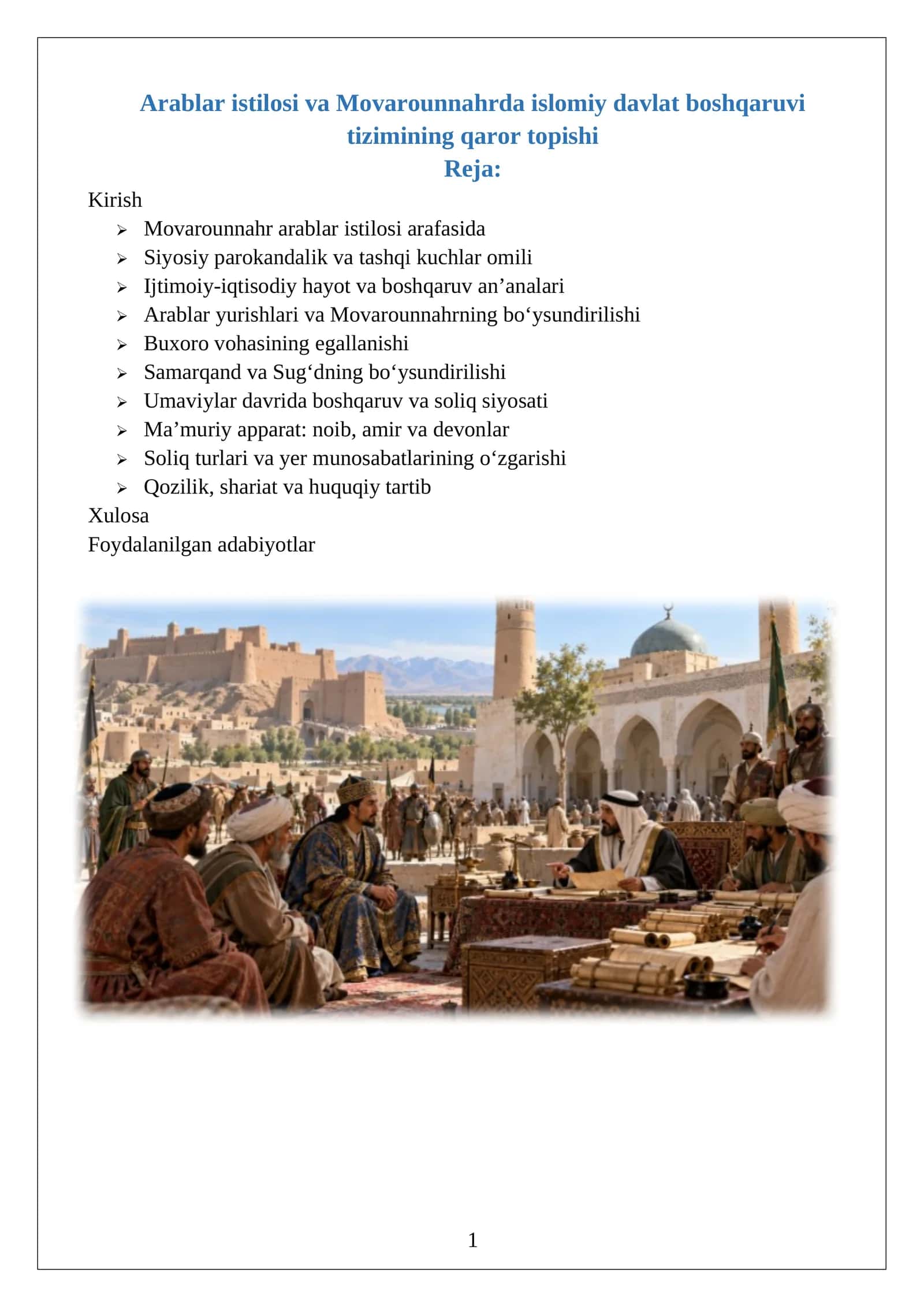 Arablar istilosi va Movarounnahrda islomiy davlat boshqaruvi tizimining qaror topishi