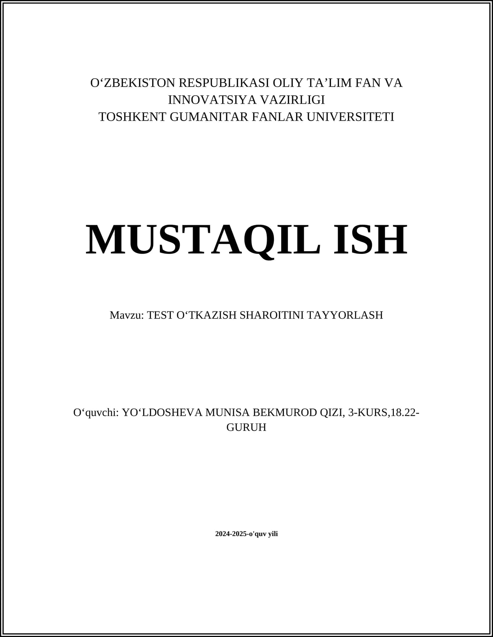 TEST OʻTKAZISH SHAROITINI TAYYORLASH