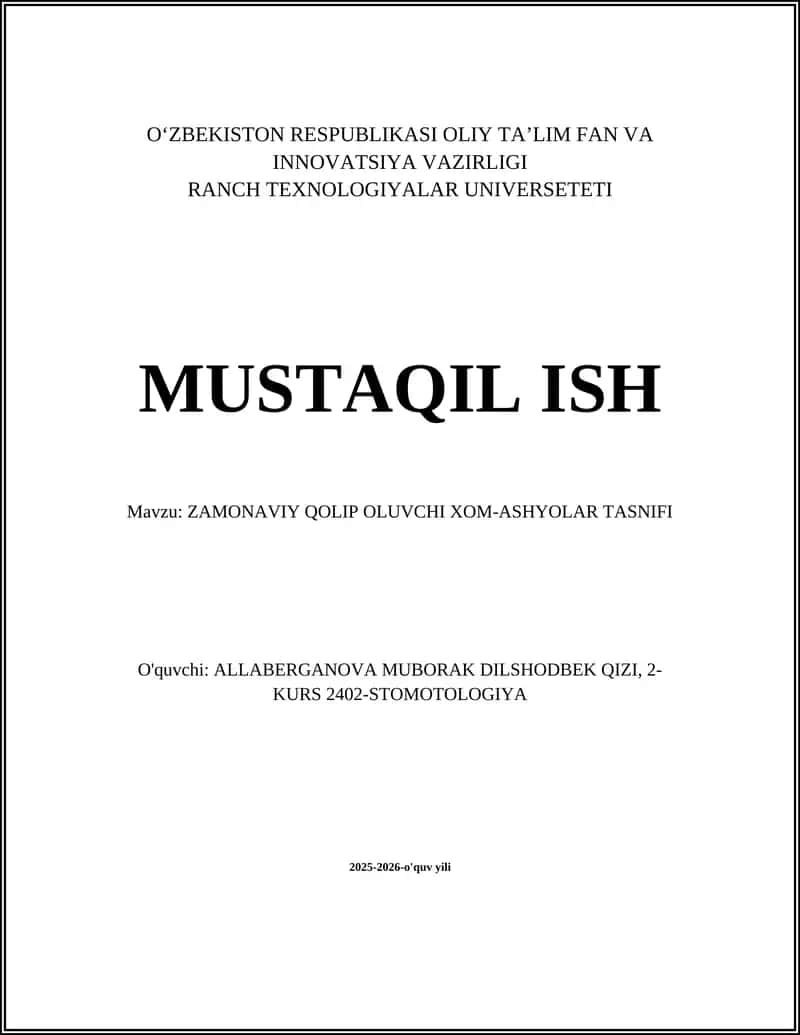ZAMONAVIY QOLIP OLUVCHI XOM-ASHYOLAR TASNIFI