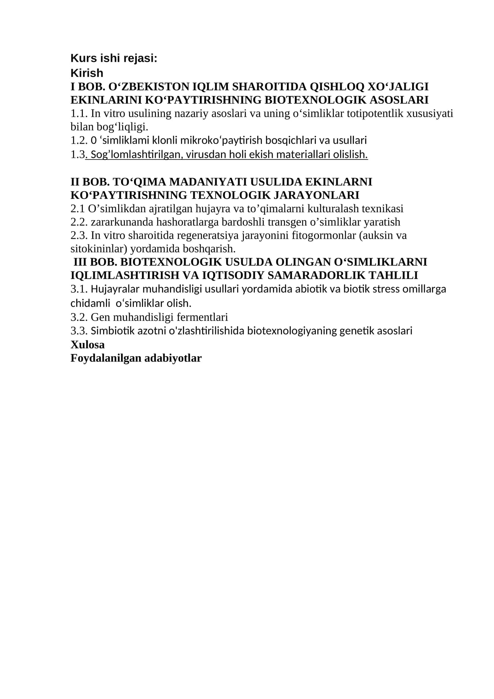 Biotexnologik usullar yordamida Oʻzbekiston iqlimiga mos boʻlgan qishloq xoʻjaligi ekinlarini yetish