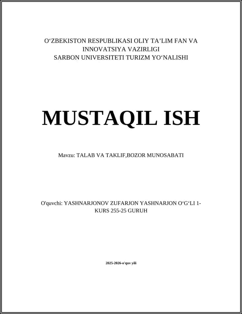 TALAB VA TAKLIF, BOZOR MUNOSABATI