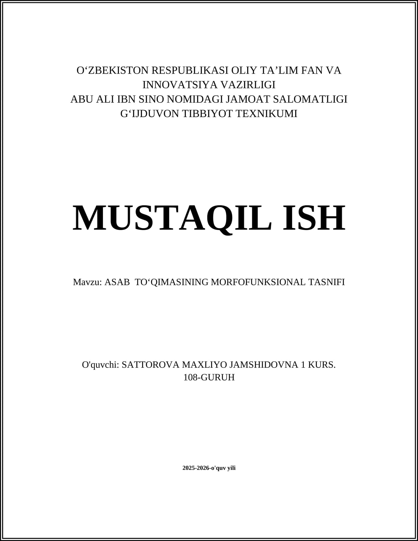 ASAB TOʻQIMASINING MORFOFUNKSIONAL TASNIFI