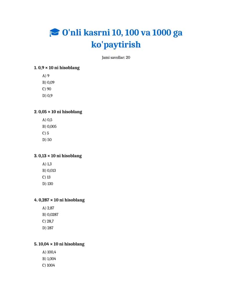 O'nli kasrni 10, 100 va 1000 ga ko'paytirish