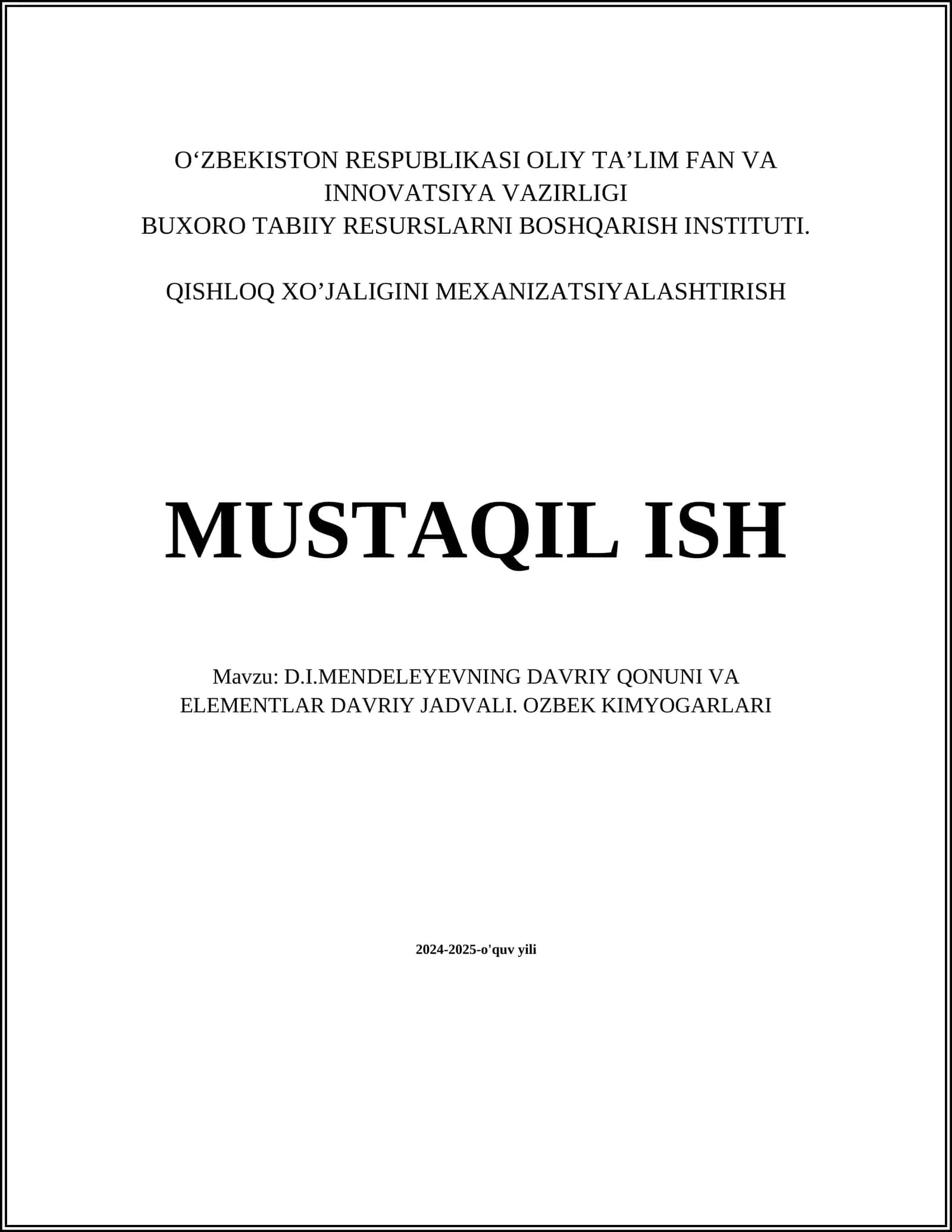 D.I.MENDELEYEVNING DAVRIY QONUNI VA ELEMENTLAR DAVRIY JADVALI. OZBEK KIMYOGARLARI