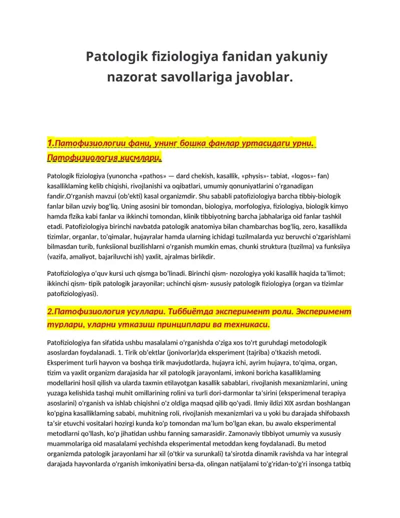 Patologik fiziologiya nazorat savollari