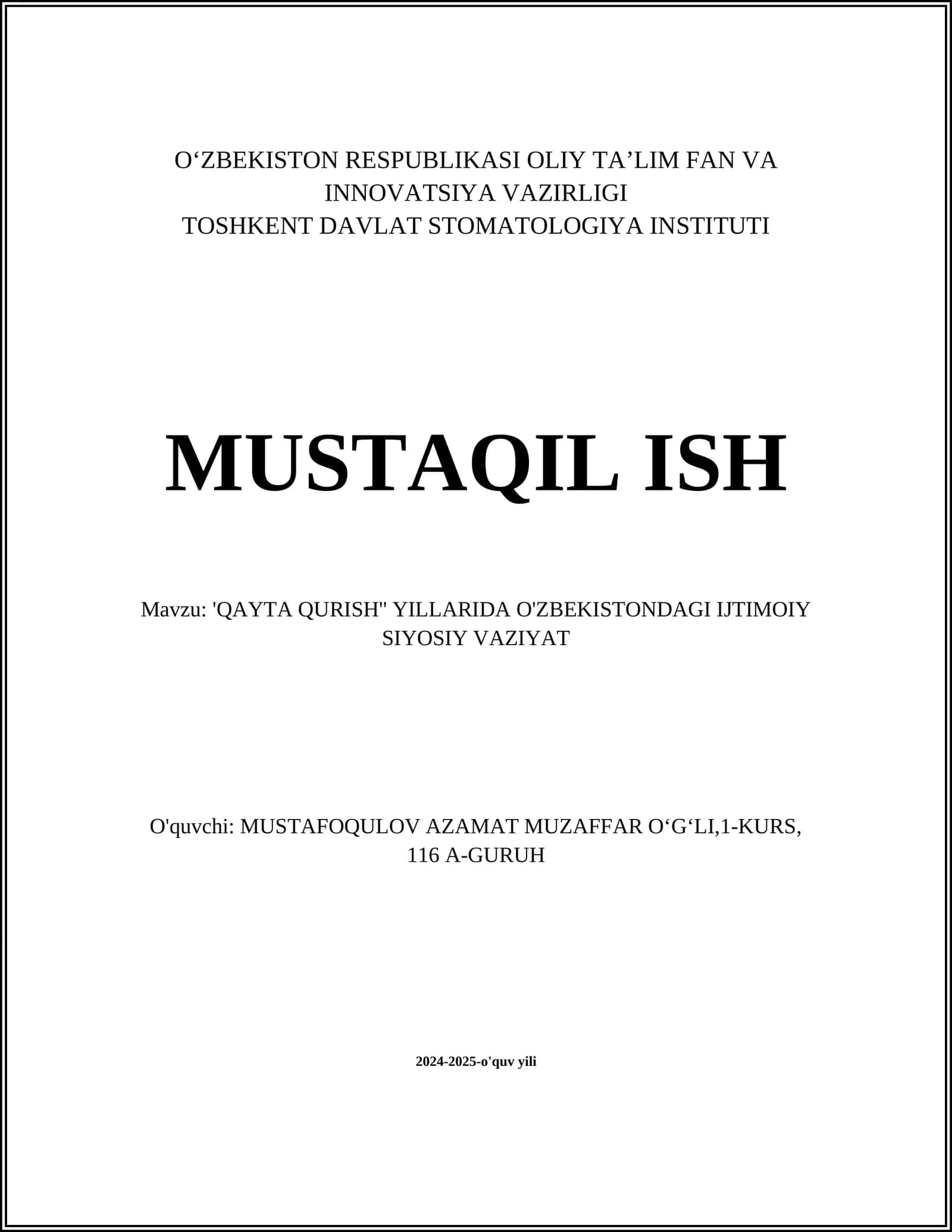 'QAYTA QURISH'' YILLARIDA O'ZBEKISTONDAGI IJTIMOIY SIYOSIY VAZIYAT'