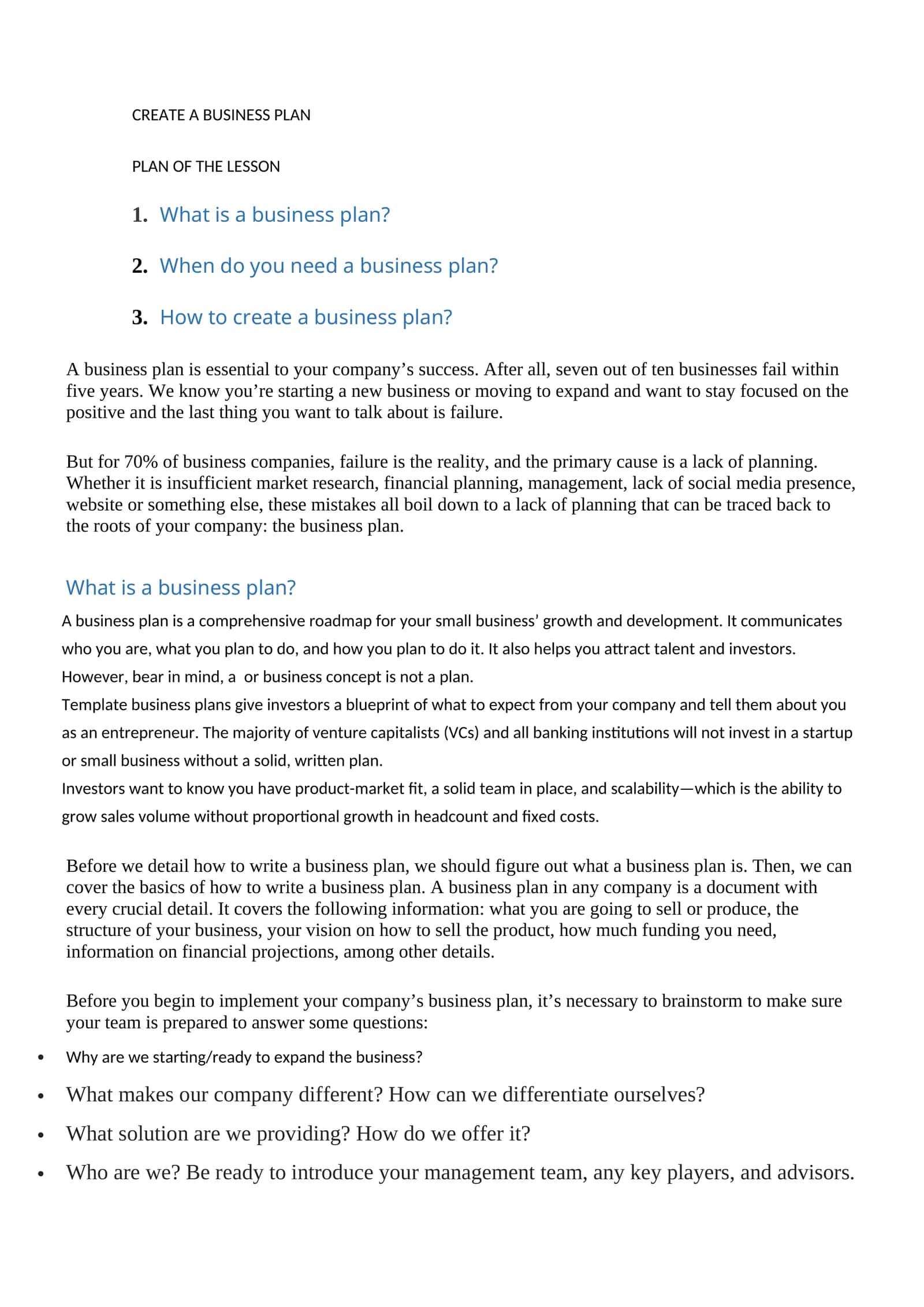 CREATE A BUSINESS PLAN