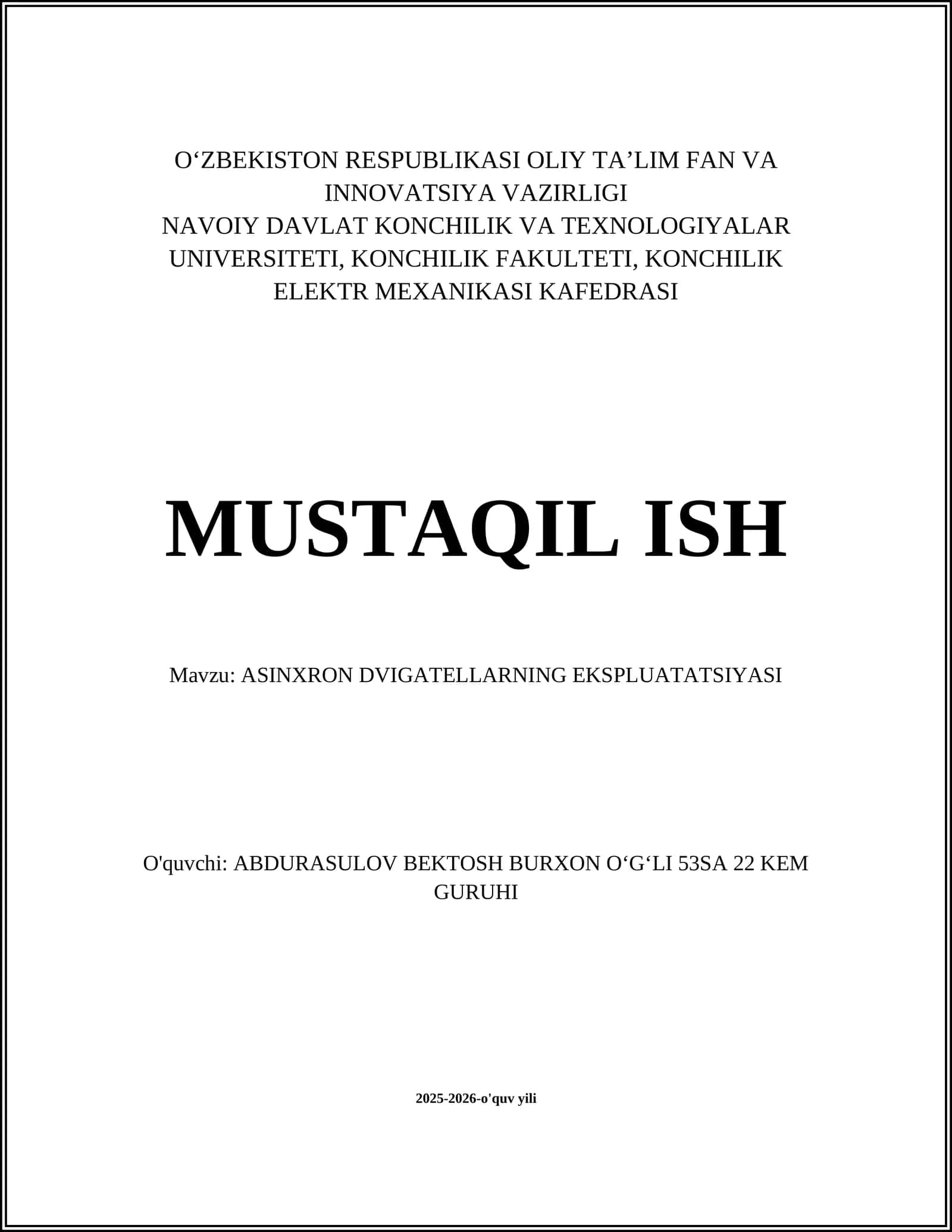 ASINXRON DVIGATELLARNING EKSPLUATATSIYASI