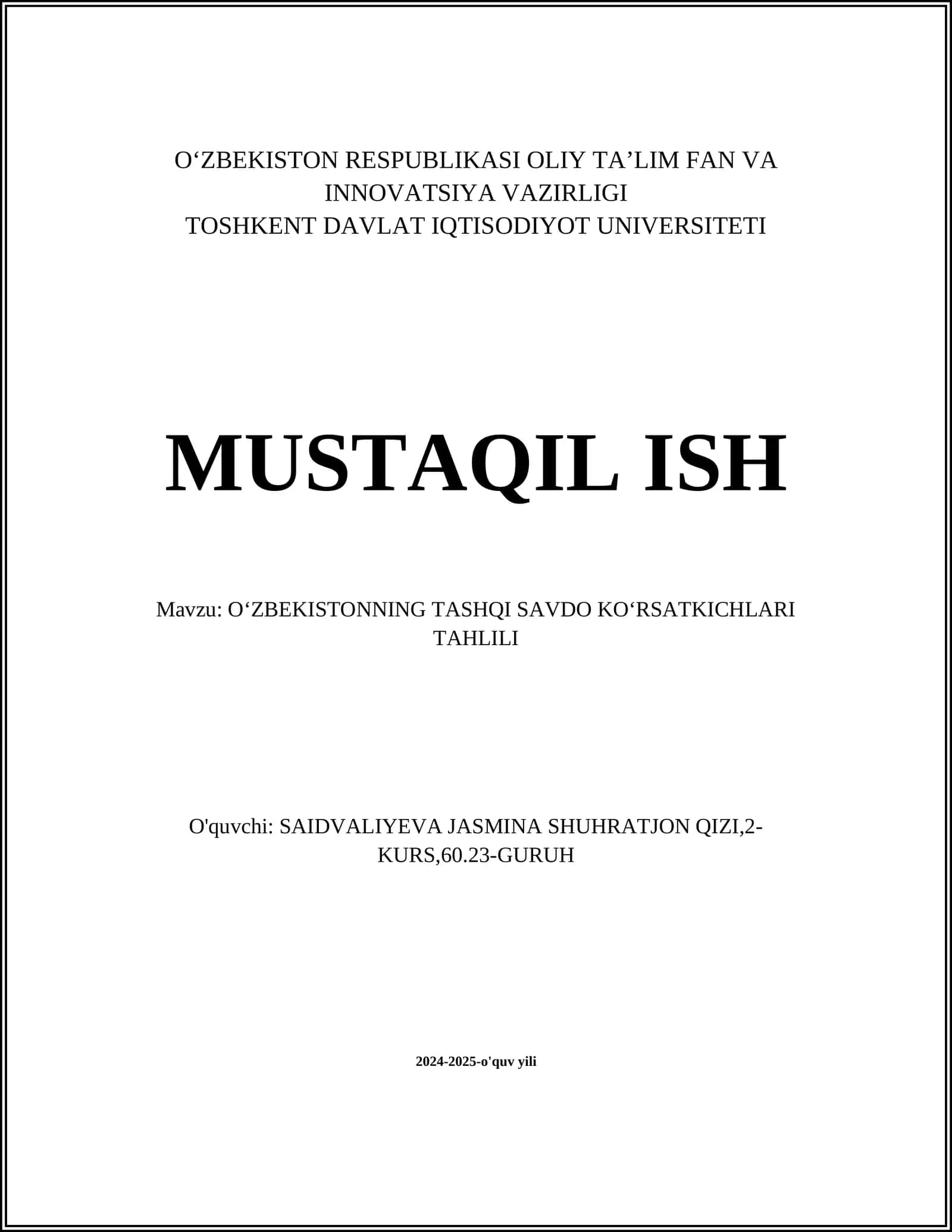 O‘ZBEKISTONNING TASHQI SAVDO KO‘RSATKICHLARI TAHLILI