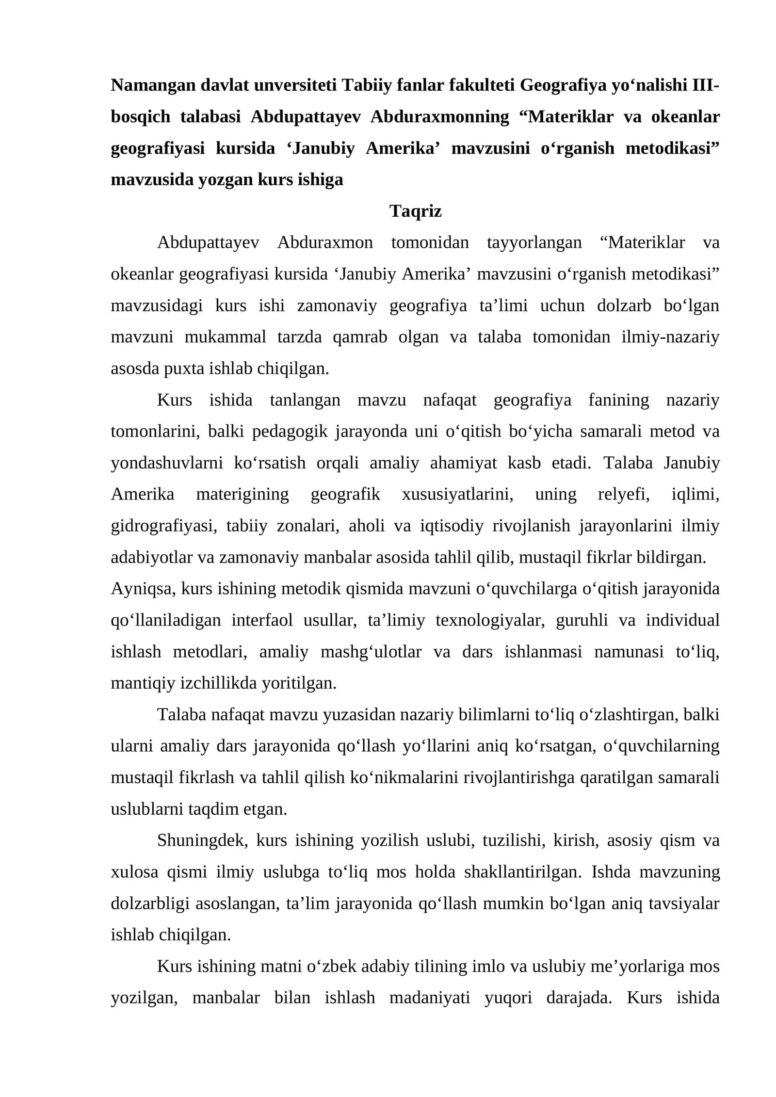 Janubiy Amerika geografiyasi kurs ishi
