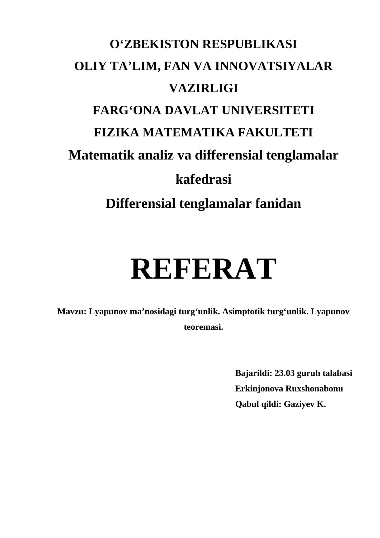 Lyapunov ma’nosidagi turg‘unlik