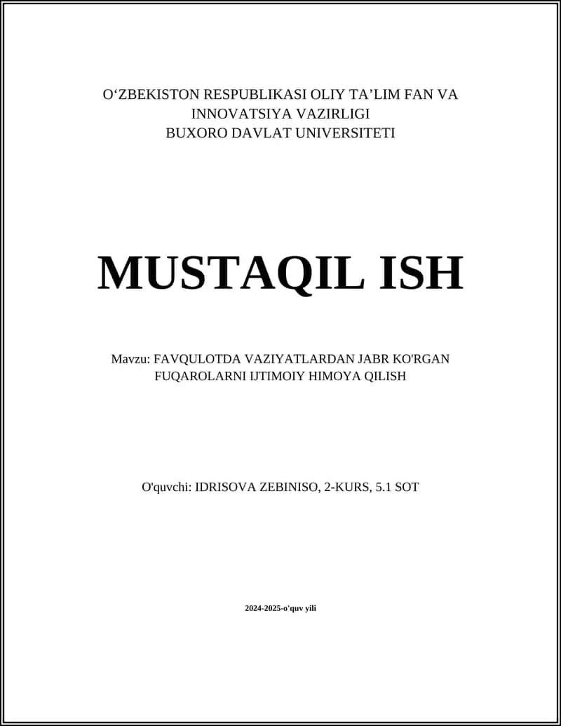 FAVQULOTDA VAZIYATLARDAN JABR KO'RGAN FUQAROLARNI IJTIMOIY HIMOYA QILISH