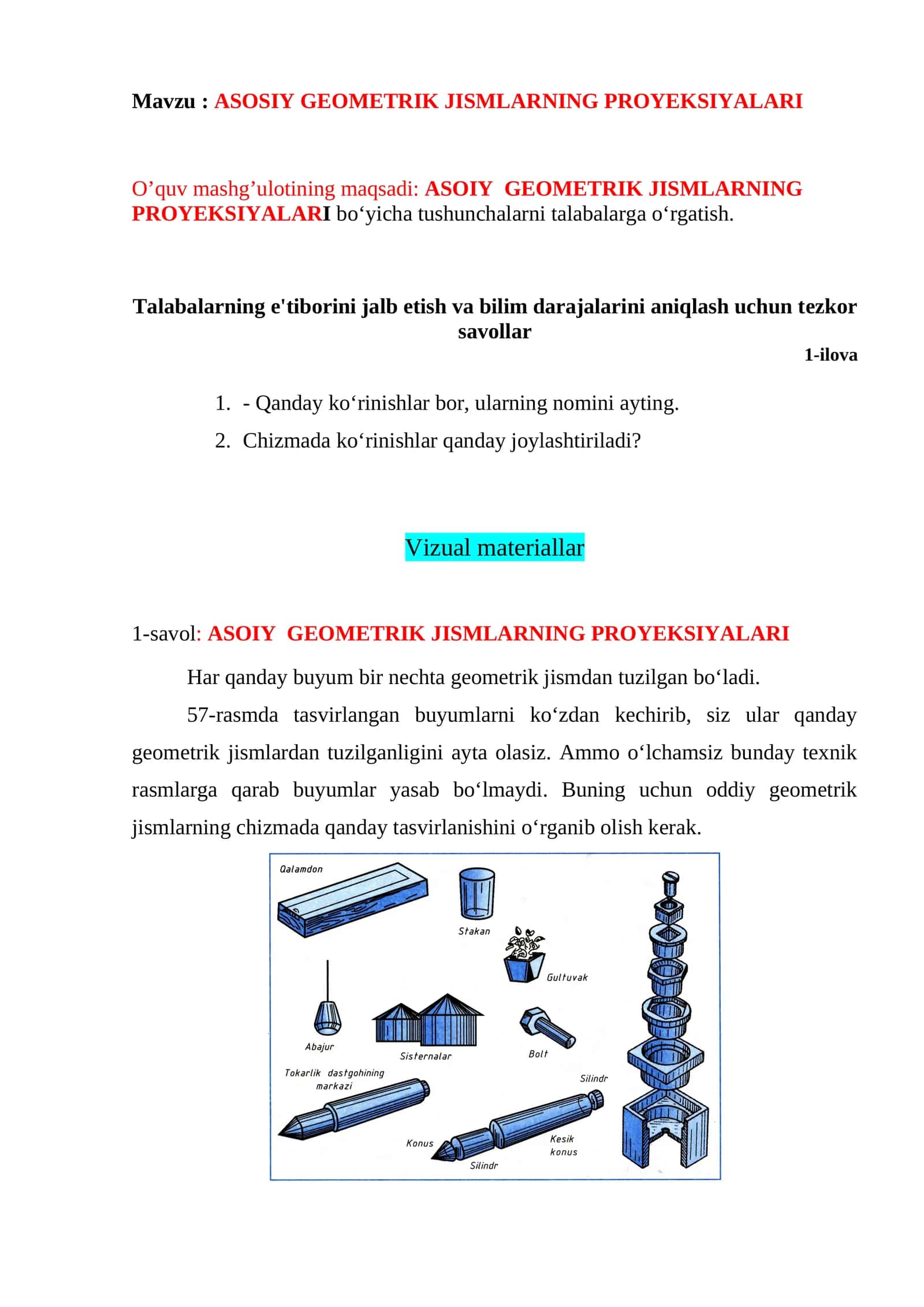 ASOSIY GEOMETRIK JISMLARNING PROYEKSIYALARI.doc