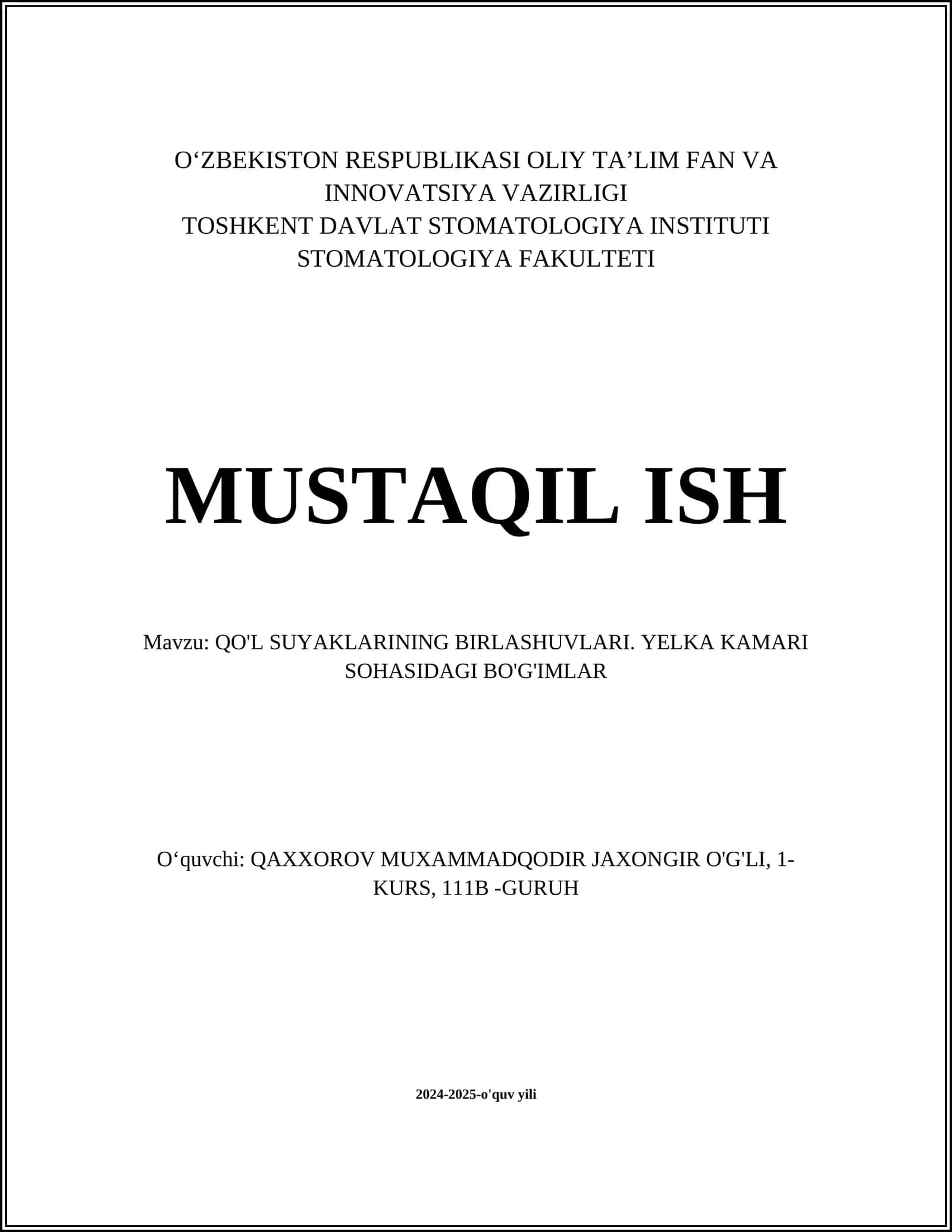 QO'L SUYAKLARINING BIRLASHUVLARI. YELKA KAMARI SOHASIDAGI BO'G'IMLAR