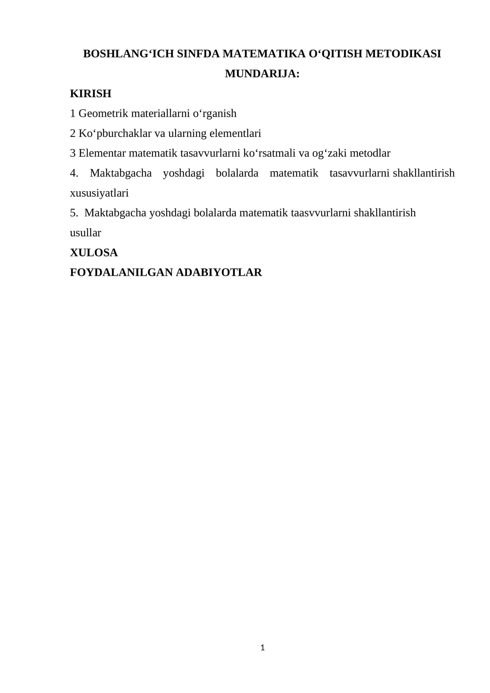 BOSHLANG‘ICH SINFDA MATEMATIKA O‘QITISH METODIKASI