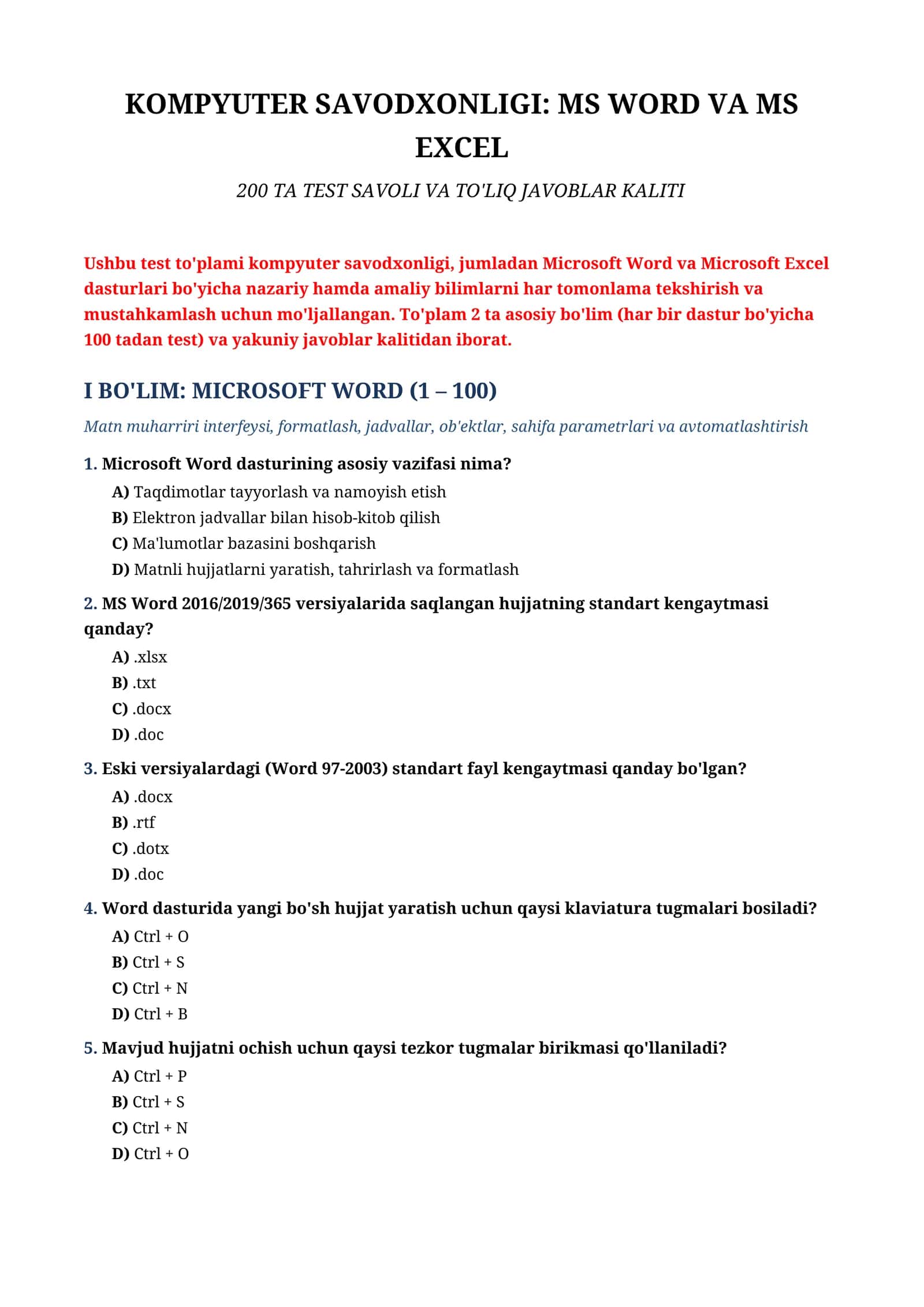 KOMPYUTER SAVODXONLIGI: MS WORD VA MS EXCEL