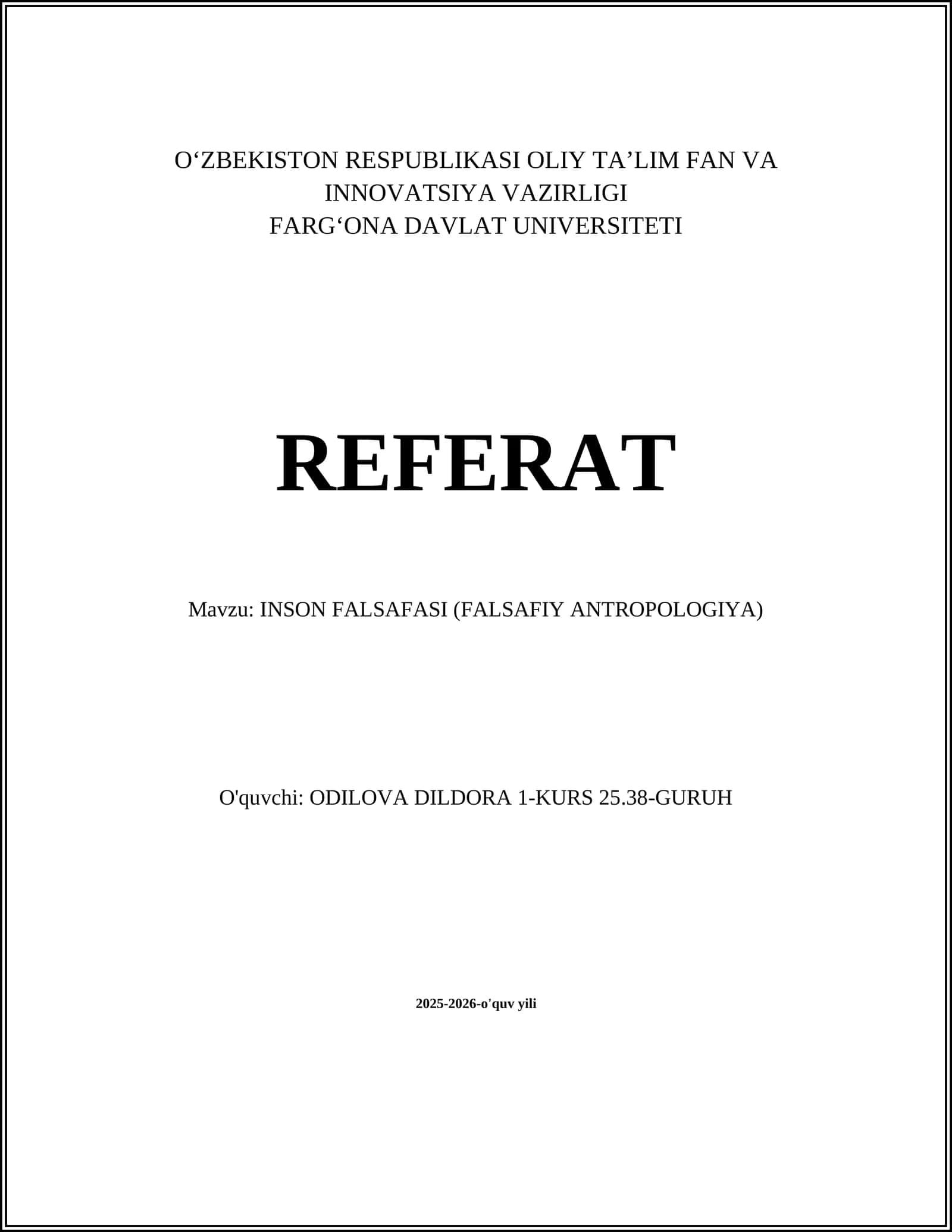 INSON FALSAFASI (FALSAFIY ANTROPOLOGIYA)