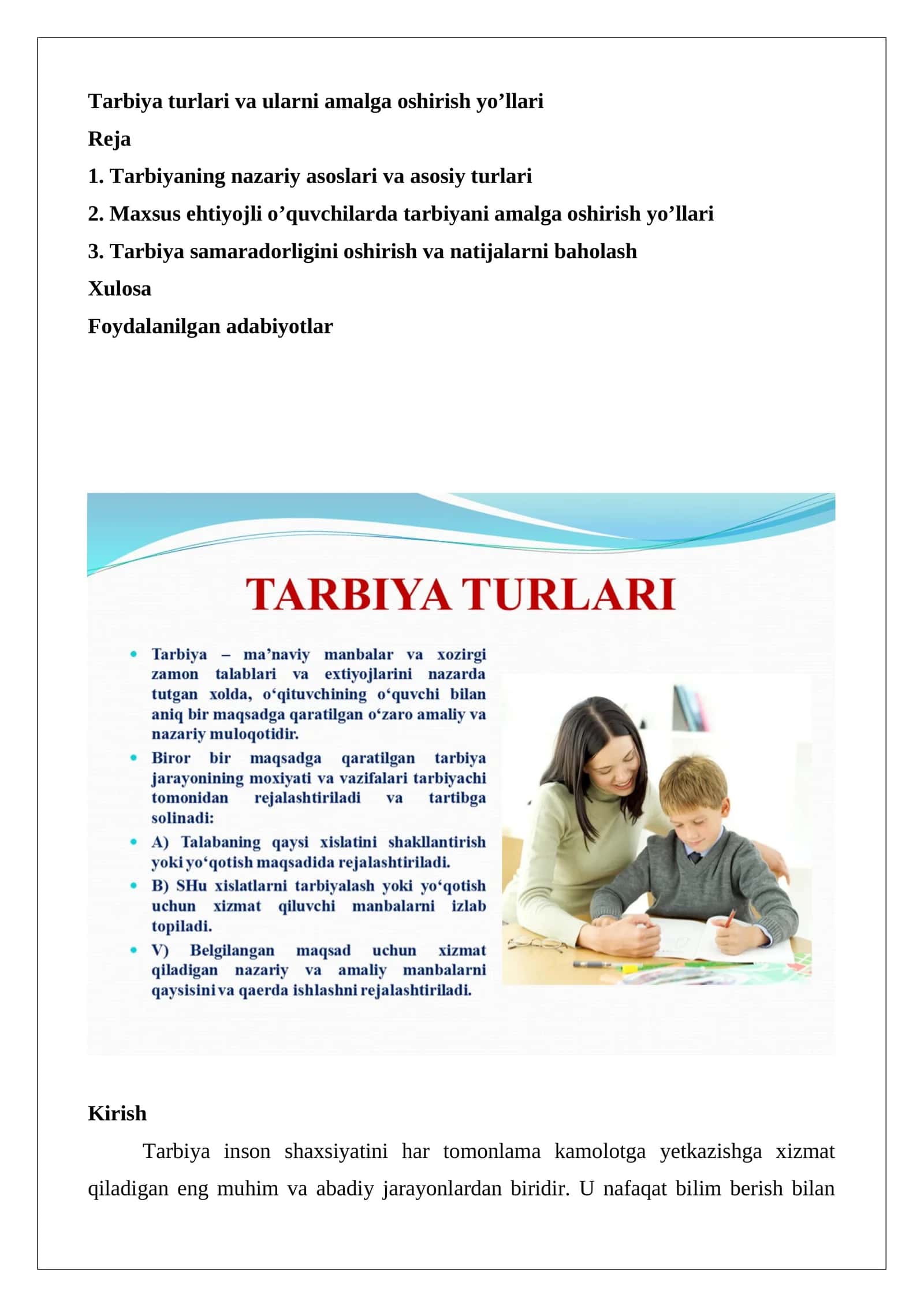 Tarbiya turlari va ularni amalga oshirish yo’llari