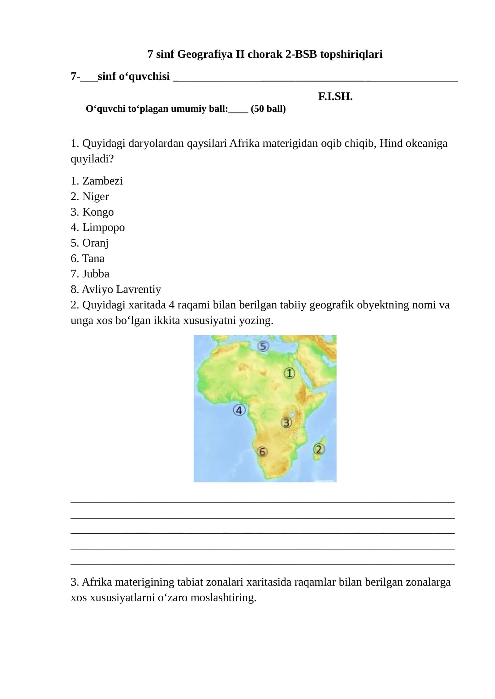 [7 sinf Geografiya II chorak 2-BSB topshiriqlari]