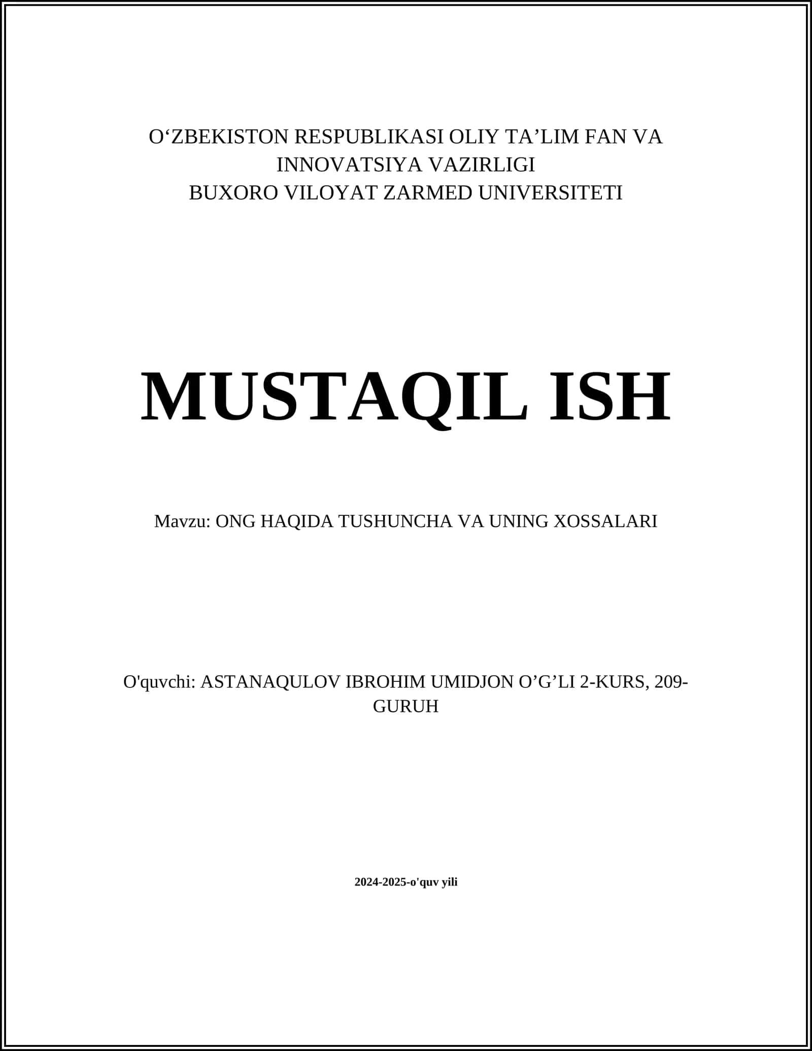 ONG HAQIDA TUSHUNCHA VA UNING XOSSALARI