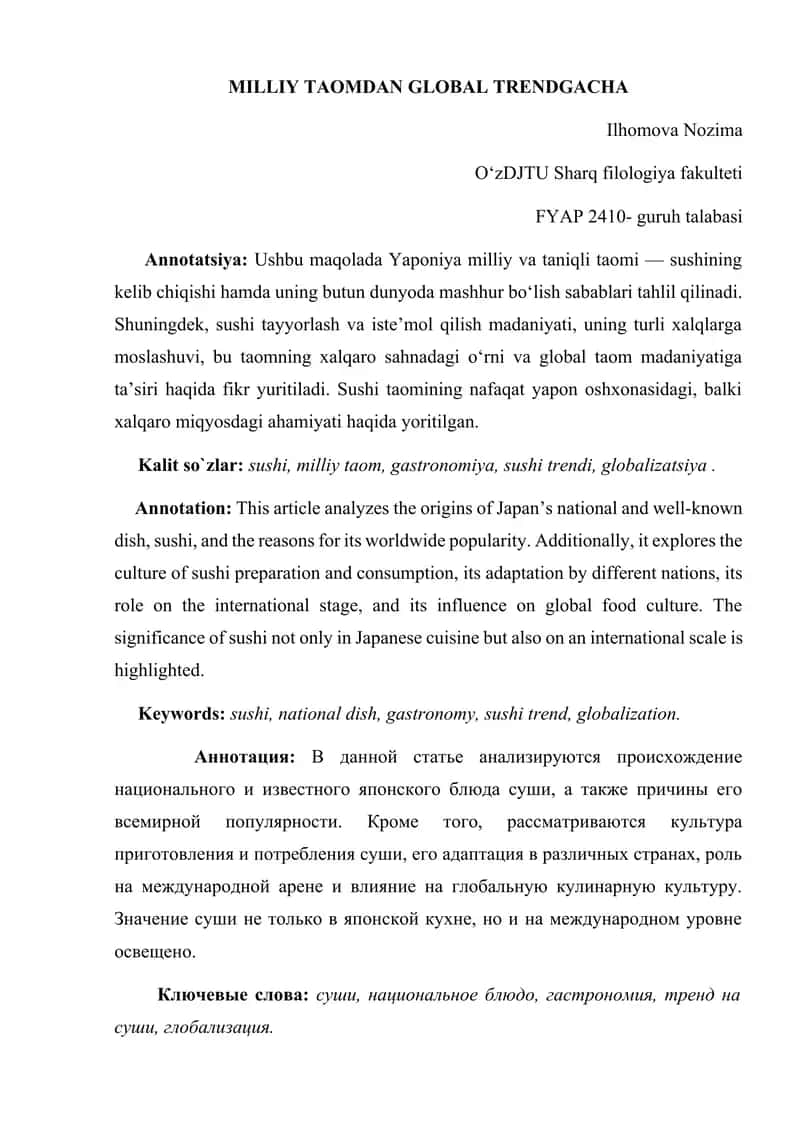 Milliy taomdan global trendgacha ( ilmiy maqola)