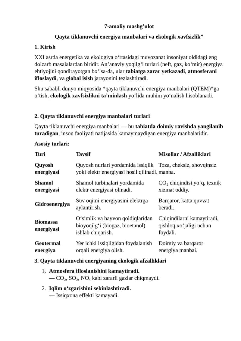 Qayta tiklanuvchi energiya manbalari va ekologik xavfsizlik