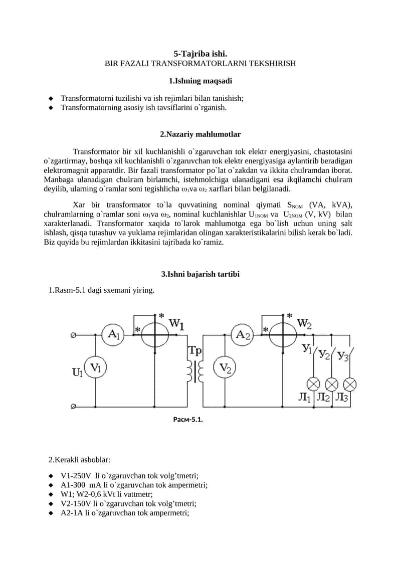 BIR FAZALI TRANSFORMATORLARNI TEKSHIRISH