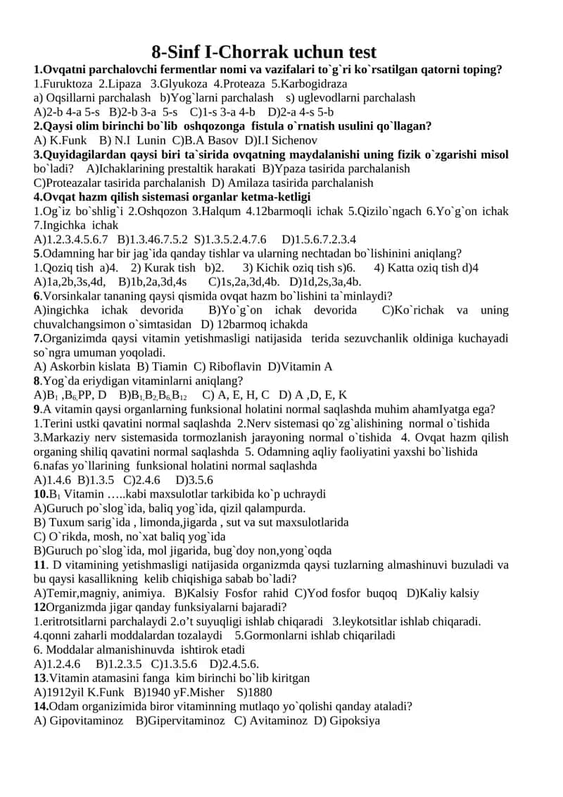 8-Sinf I-Chorrak uchun test