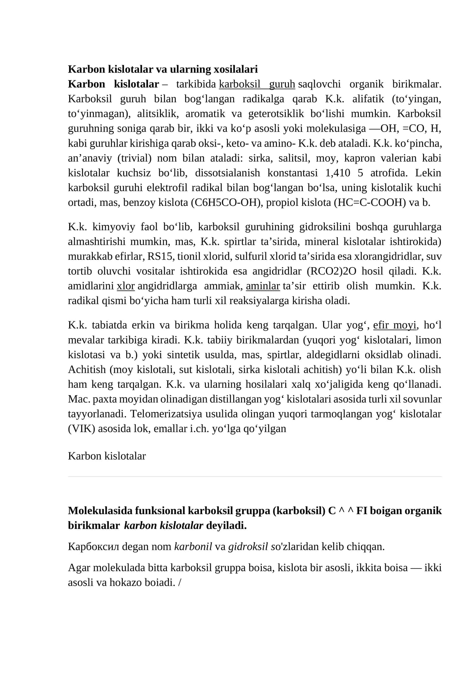 Karbon kislotalar va ularning xosilalari
