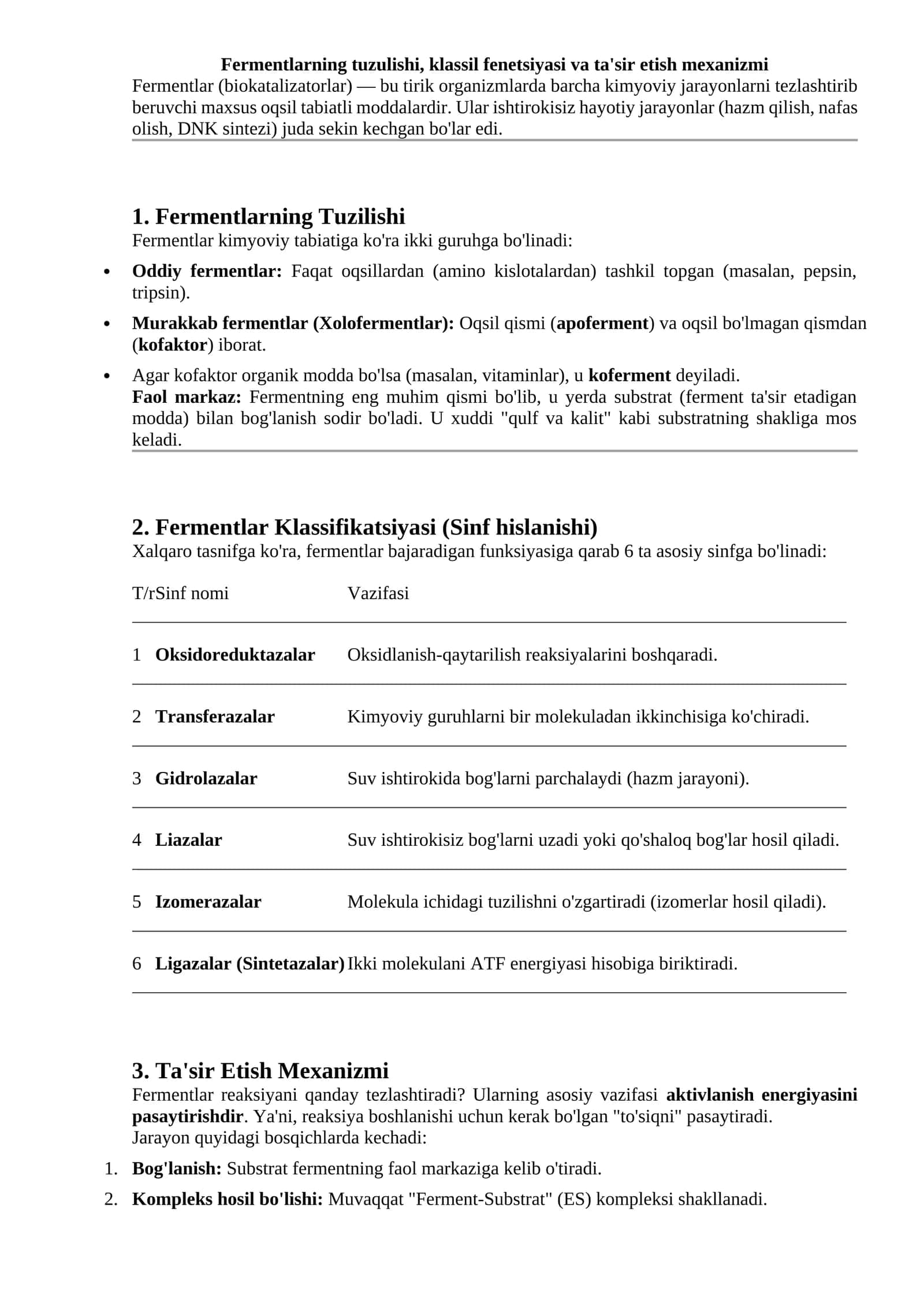 Fermentlarning tuzulishi, klassil fenetsiyasi va ta'sir etish mexanizmi