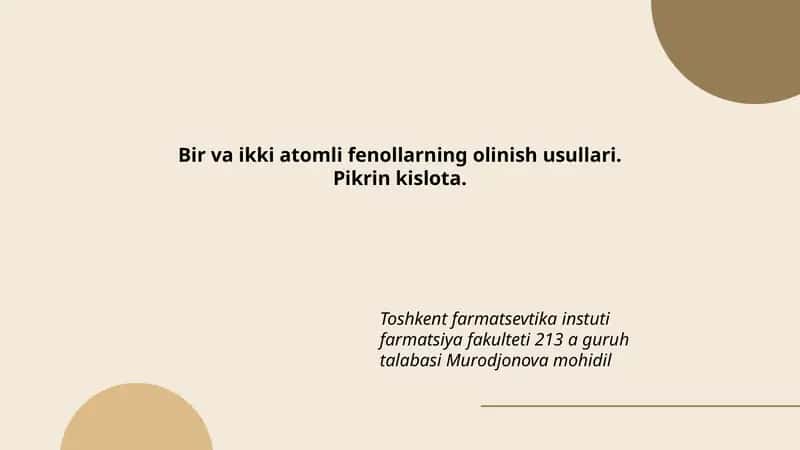 Bir va ikki atomli fenollar va ularning olinish usullari