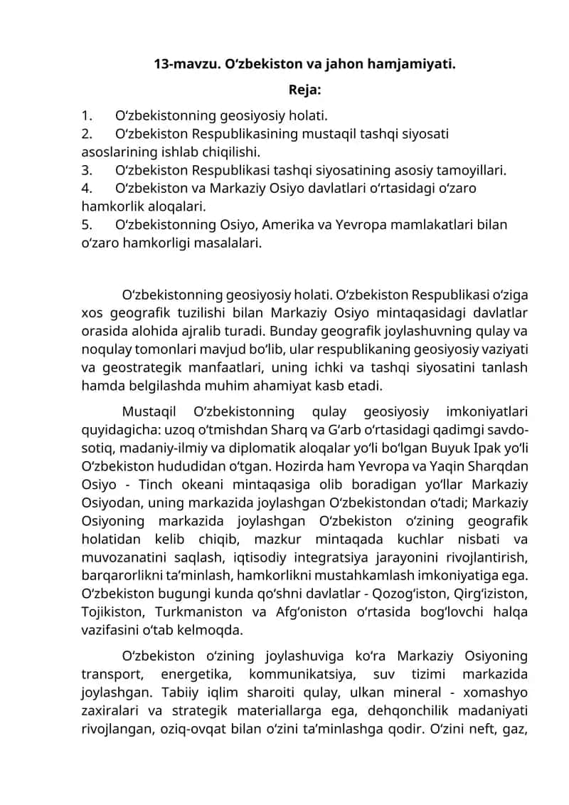 O‘zbekiston va jahon hamjamiyati