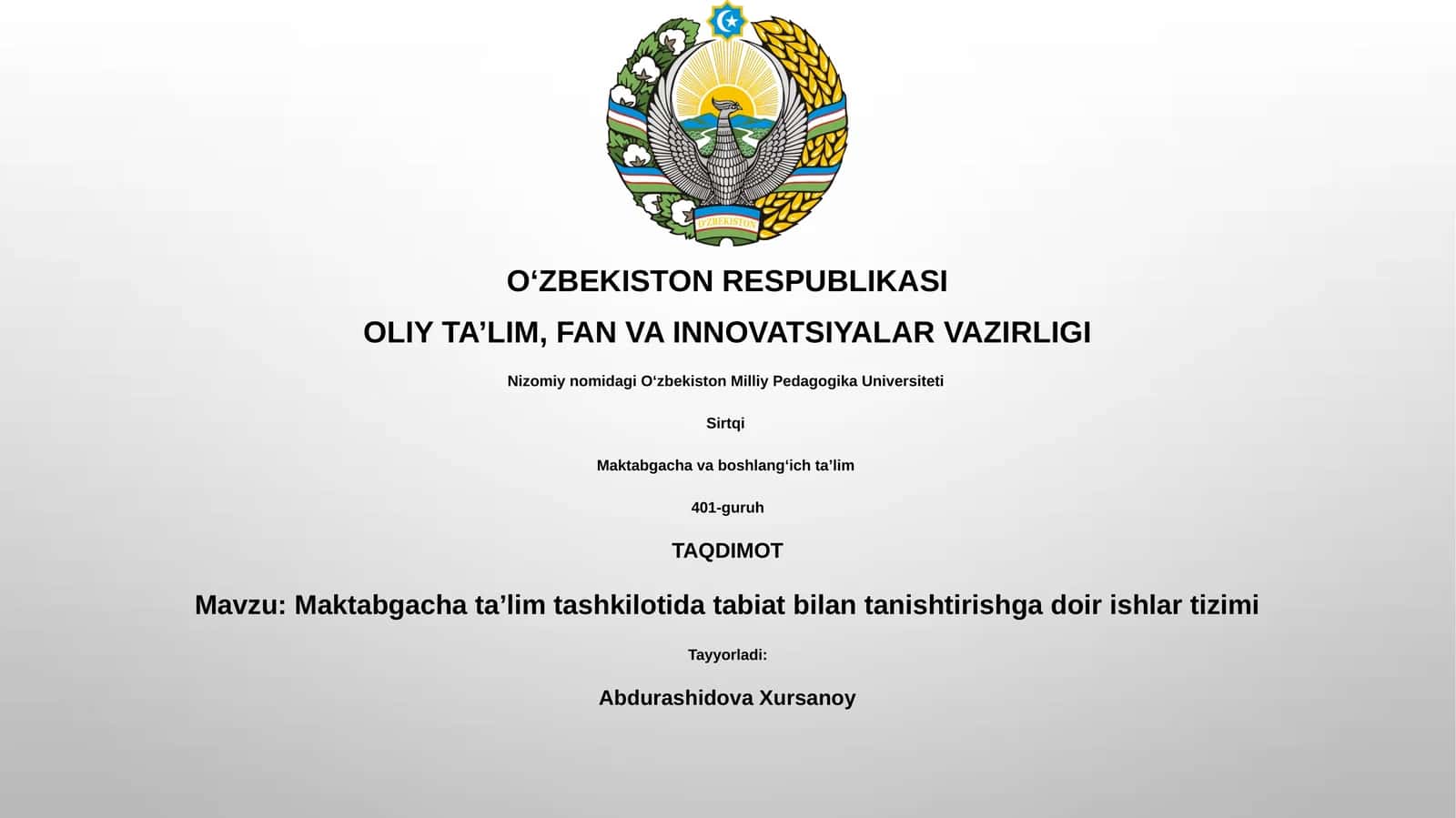 Maktabgacha taʼlim tashkilotida tabiat bilan tanishtirishga doir ishlar tizimi