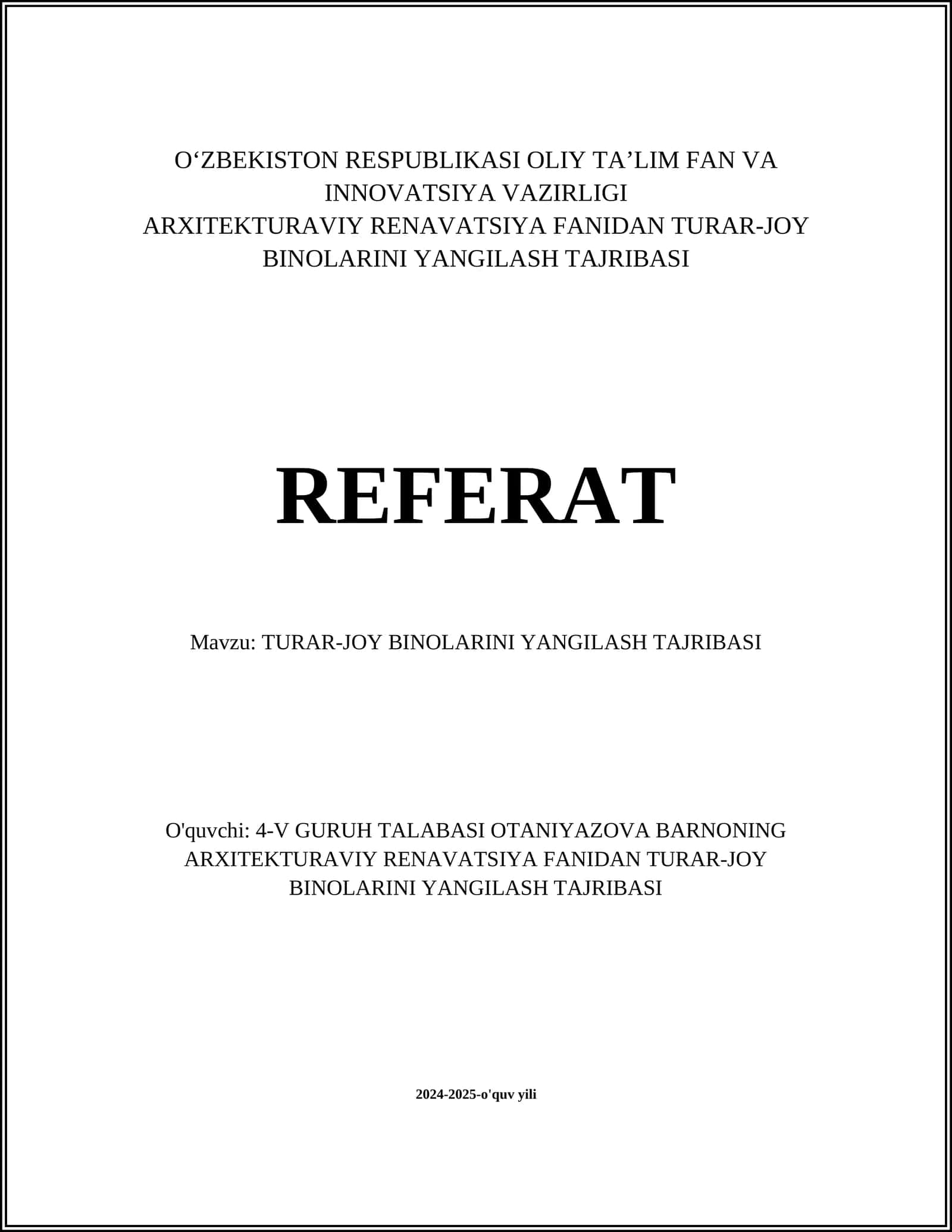 TURAR-JOY BINOLARINI YANGILASH TAJRIBASI