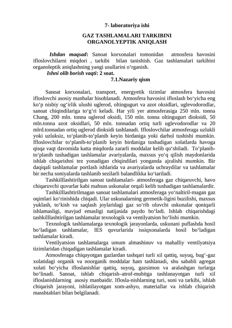Gaz Tashlamalari tarkibini Organoleptik Aniqlash laboratoriyasi
