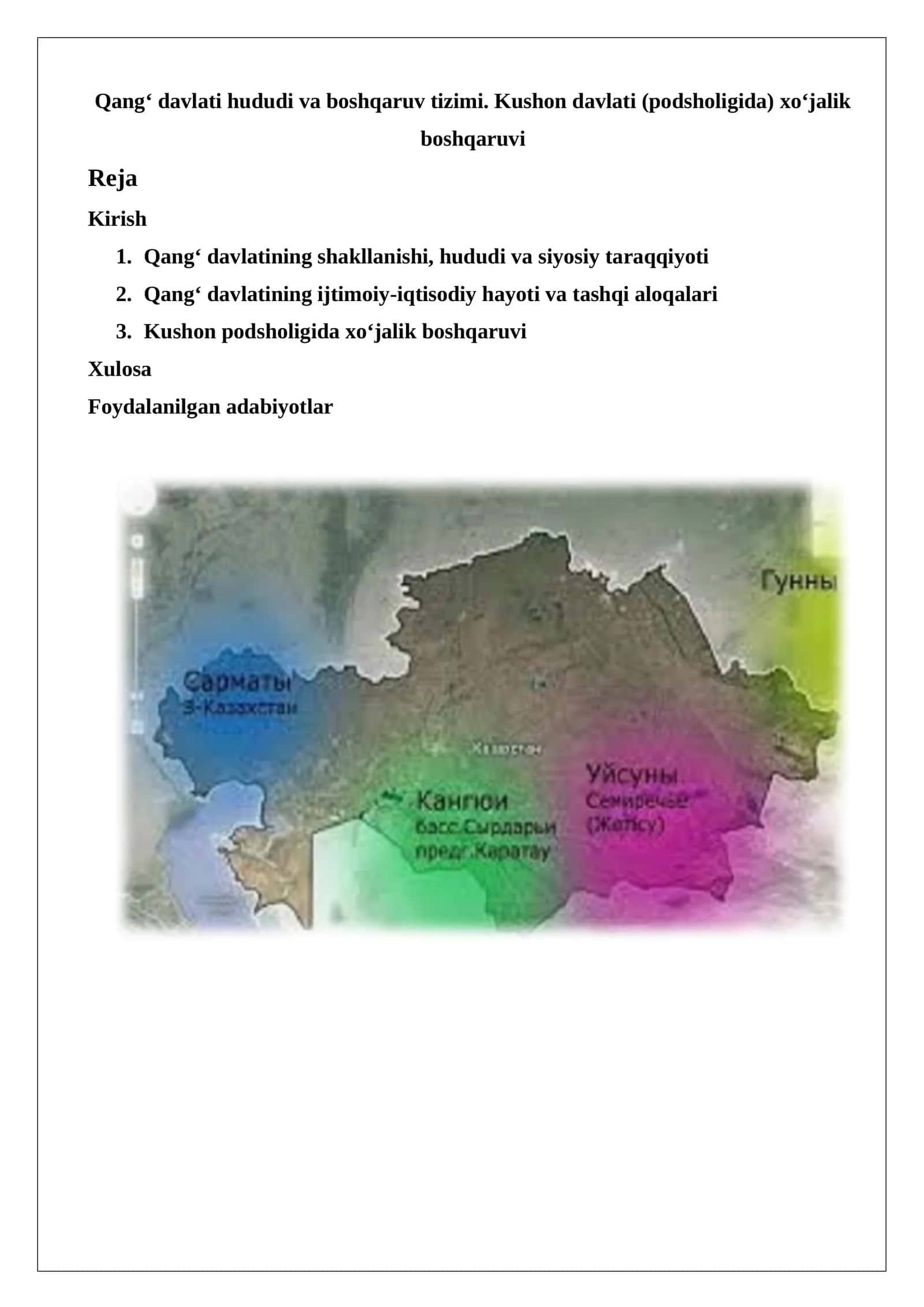 Qang‘ davlati hududi va boshqaruv tizimi. Kushon davlati (podsholigida) xo‘jalik bos