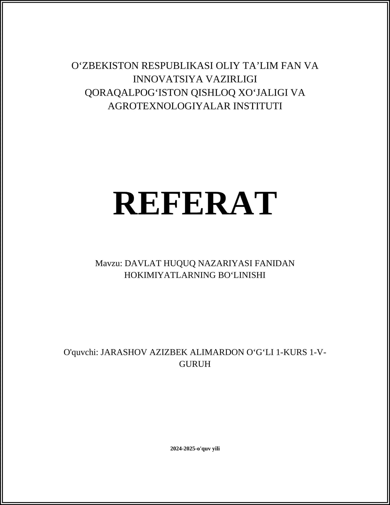 DAVLAT HUQUQ NAZARIYASI FANIDAN HOKIMIYATLARNING BOʻLINISHI