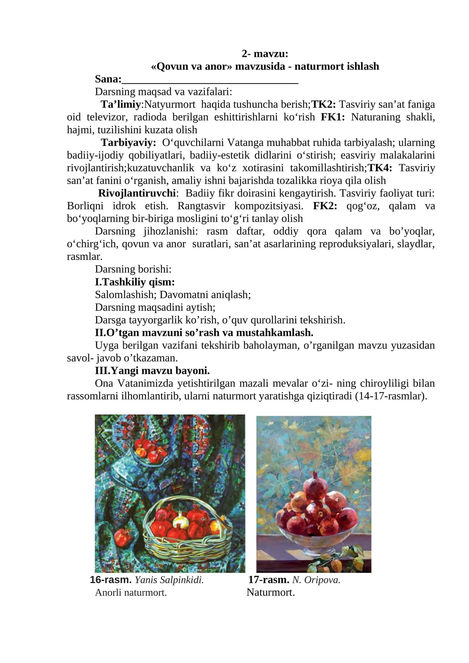 4-sinf Tasviriy san'at Qovun va anor mavzusida natyurmort ishlash dars ishlanma