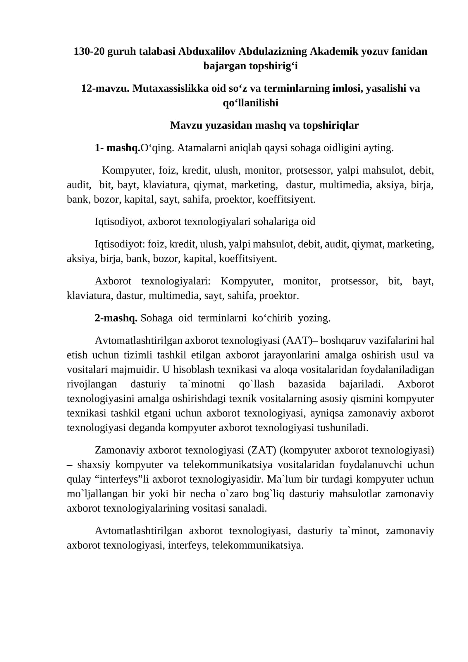 Abduxalilov Abdulazizning Akademik yozuv fanidan bajargan topshirig'