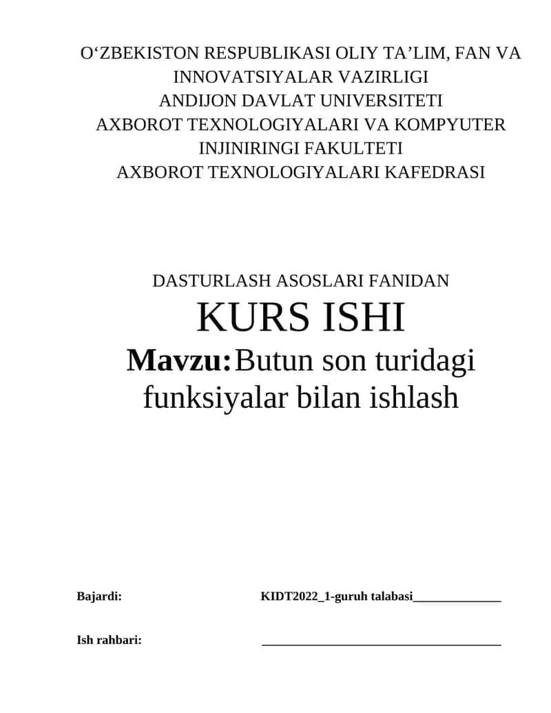 Butun son turidagi funksiyalar bilan ishlash