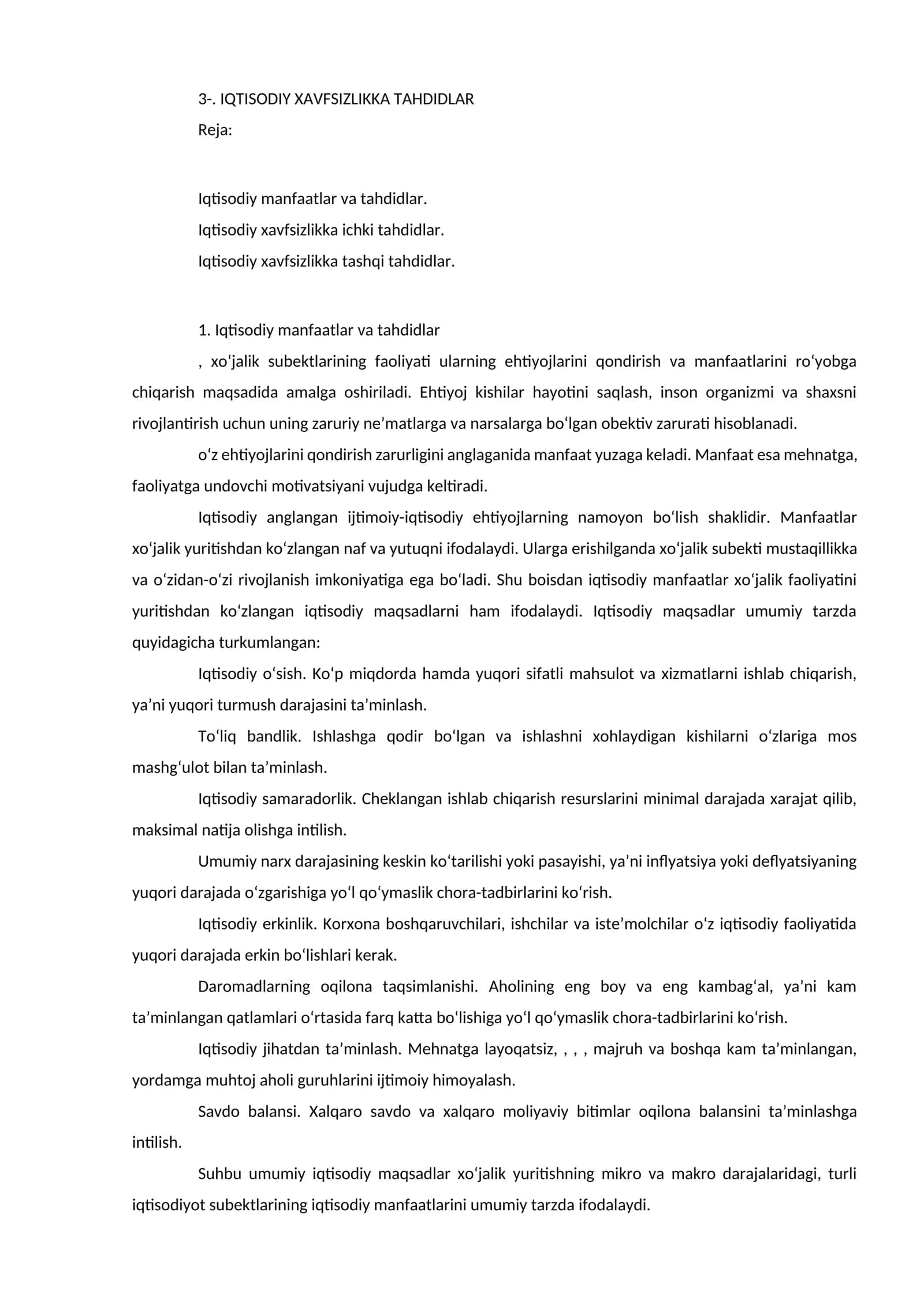 IQTISODIY XAVFSIZLIKKA TAHDIDLAR