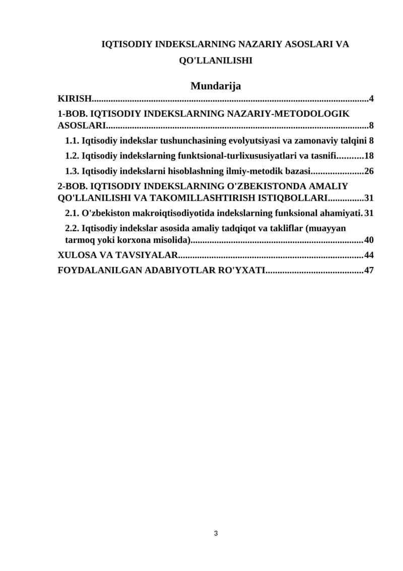 IQTISODIY INDEKSLARNING NAZARIY ASOSLARI VA QO'LLANILISHI