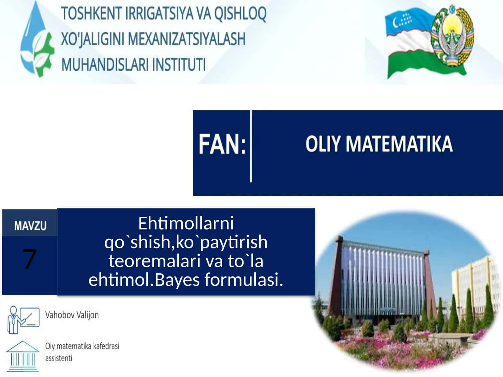 Ehtimollarni qo`shish, ko`paytirish teoremalari va to`la ehtimol. Bayes formulasi