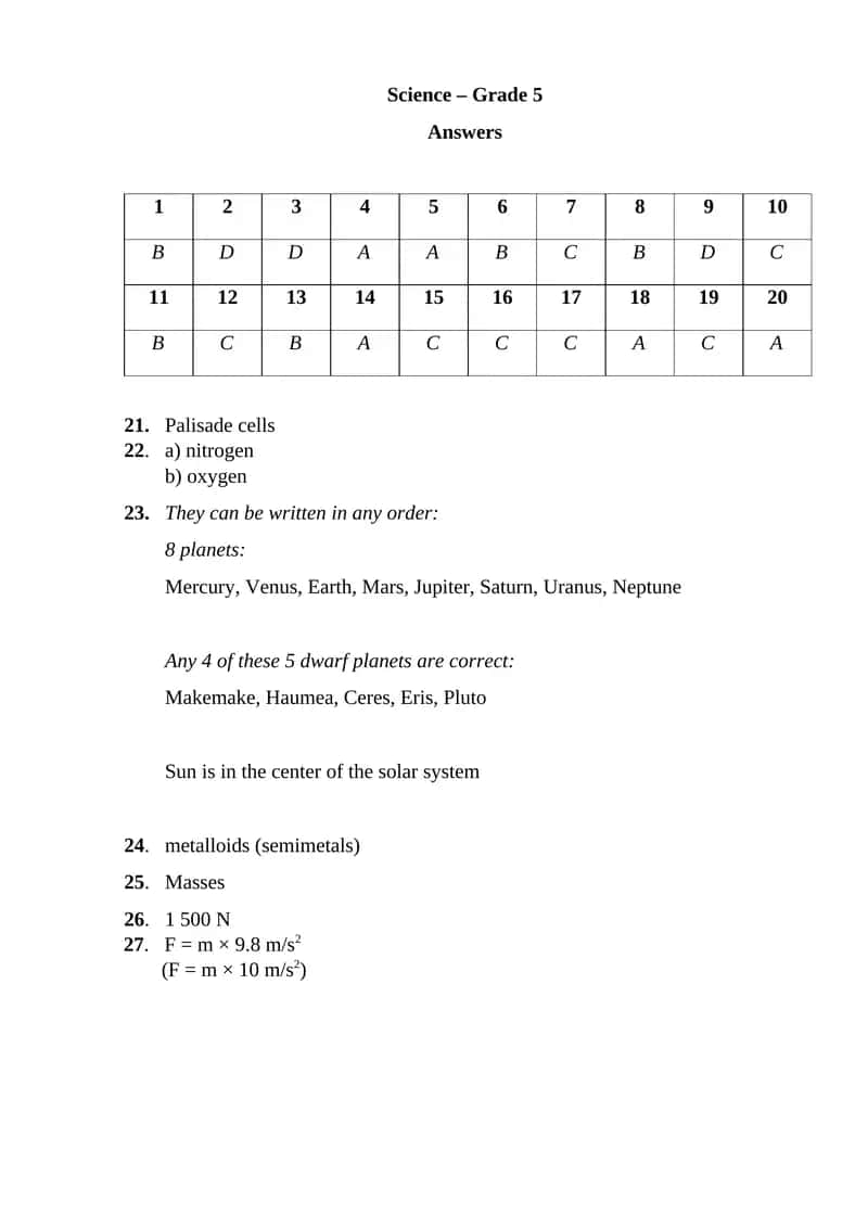 Science – Grade 5 Answers