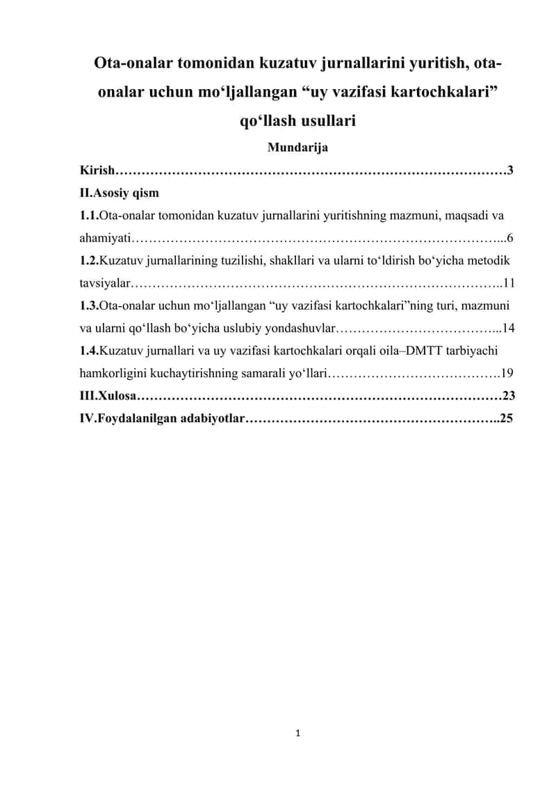 Ota-onalar tomonidan kuzatuv jurnallarini yuritish, ota-onalar uchun moʻljallangan “uy vazifasi kartochkalari” qoʻllash usullari